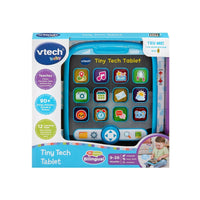 VTech Tiny Tech Tablet retail box showing a blue tablet with colorful icon screen