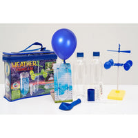 Weather science experiment kit with blue balloon, bottles, tubing, cups, and stand