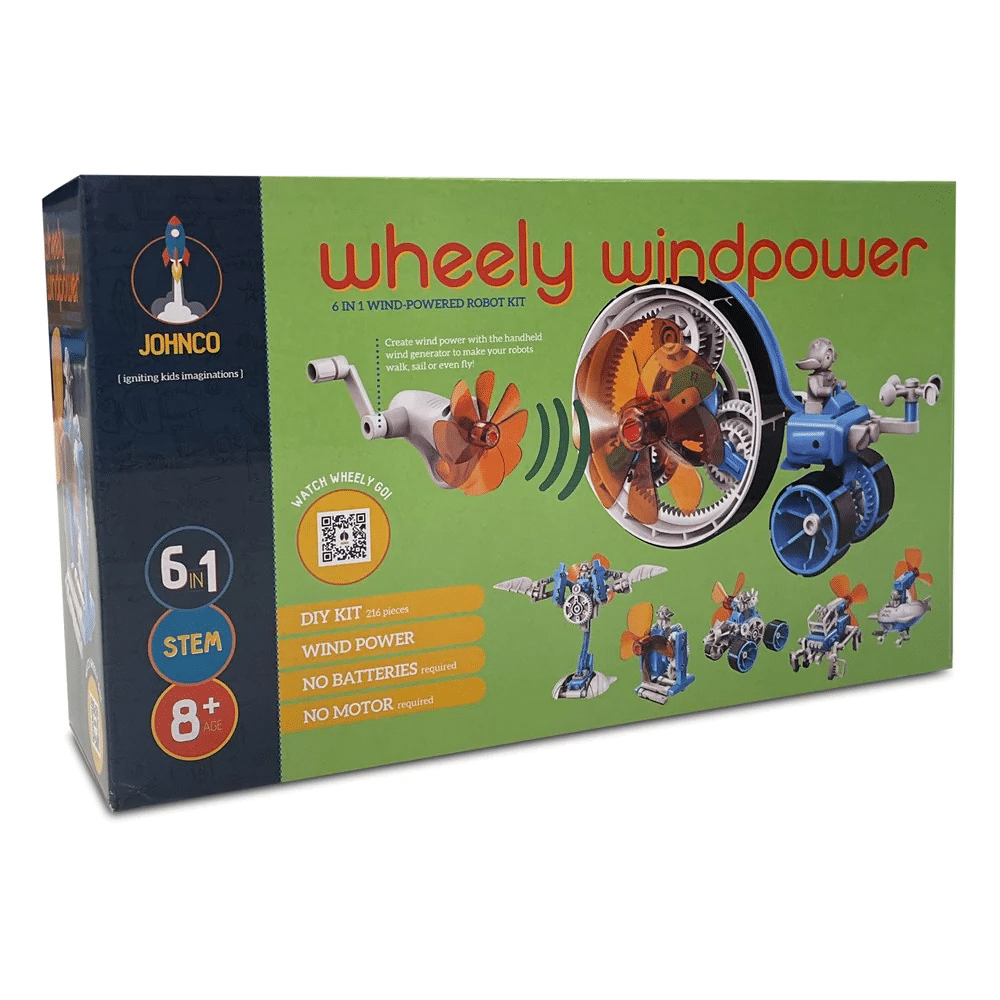 Wind-powered robot building kit box with orange and blue propeller robot graphics
