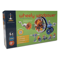 Wind-powered robot building kit box with orange and blue propeller robot graphics