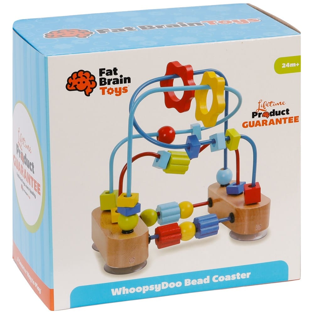 Bead coaster toy in colorful wooden base and plastic tracks with numbered balls