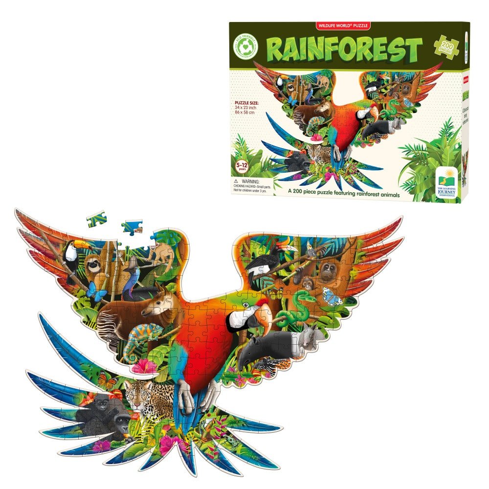 Rainforest animal jigsaw puzzle box with colorful birds and jungle animals, 200 pieces