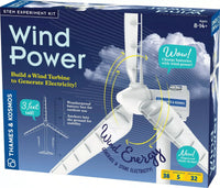 Wind power STEM science kit box with wind turbine parts and instruction graphics