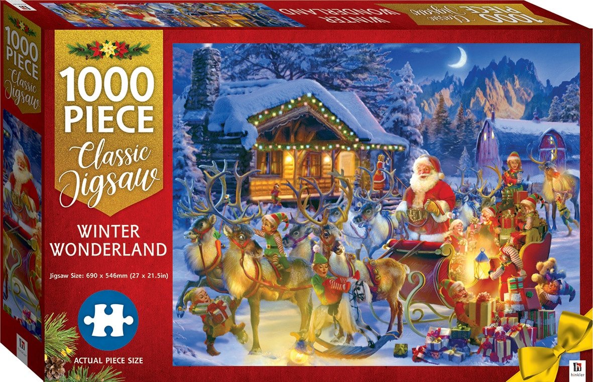 1000-piece winter scene jigsaw puzzle box with Santa, reindeer, and gift sleigh