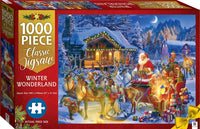 1000-piece winter scene jigsaw puzzle box with Santa, reindeer, and gift sleigh
