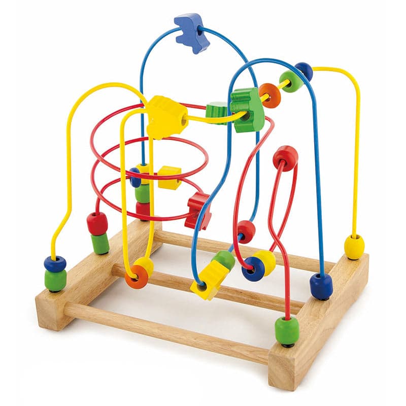 Colorful wire bead maze toy with wooden base and multicolor sliding beads on wires