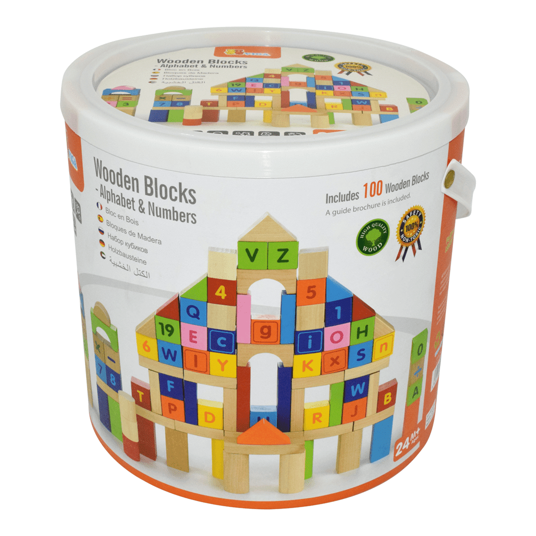 Wooden blocks alphabet and numbers set in a plastic storage bucket with handle