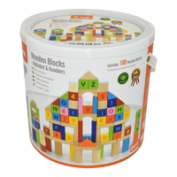 Wooden blocks alphabet and numbers set in a plastic storage bucket with handle