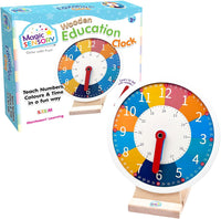 Wooden education learning clock with colorful number dial, red hands, and wooden stand