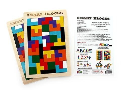 Wooden Smart Blocks puzzle board with colorful interlocking pattern and 'SMART BLOCKS' text