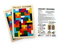 Wooden Smart Blocks puzzle board with colorful interlocking pattern and 'SMART BLOCKS' text