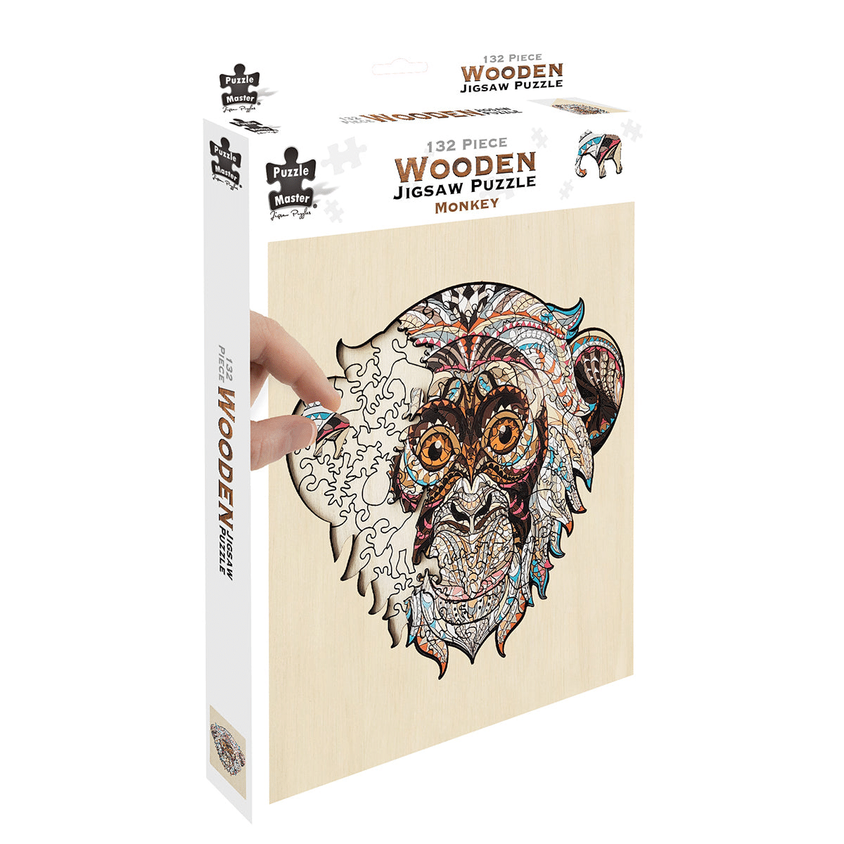 Monkey wooden jigsaw puzzle panel with colorful engraved face, on natural wood backing