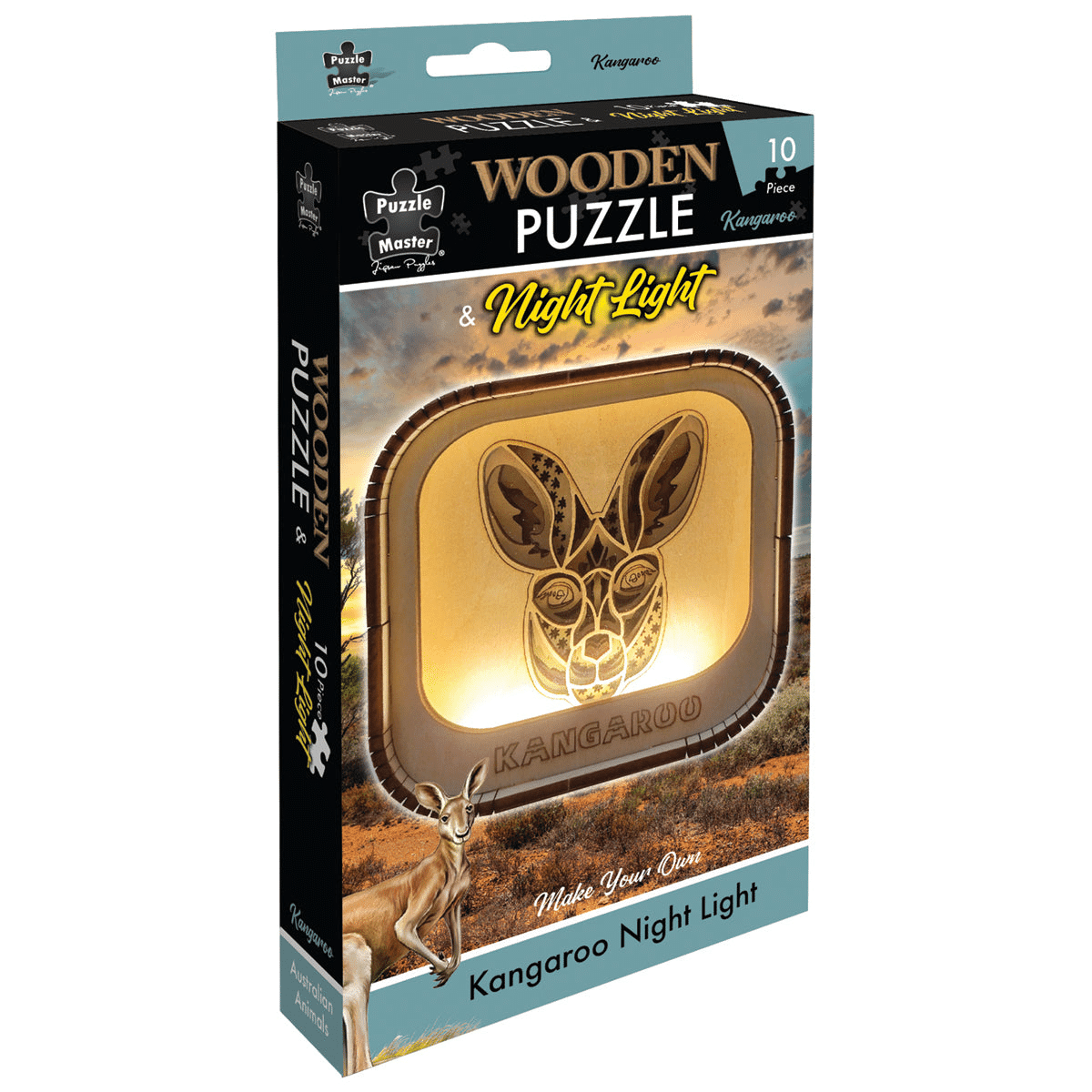 Wooden Kangaroo puzzle night light with 10-piece design on package