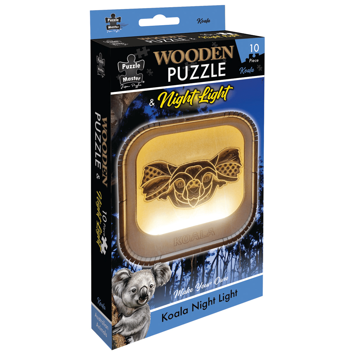 Wooden night light puzzle koala, glowing wooden animal silhouette in frame