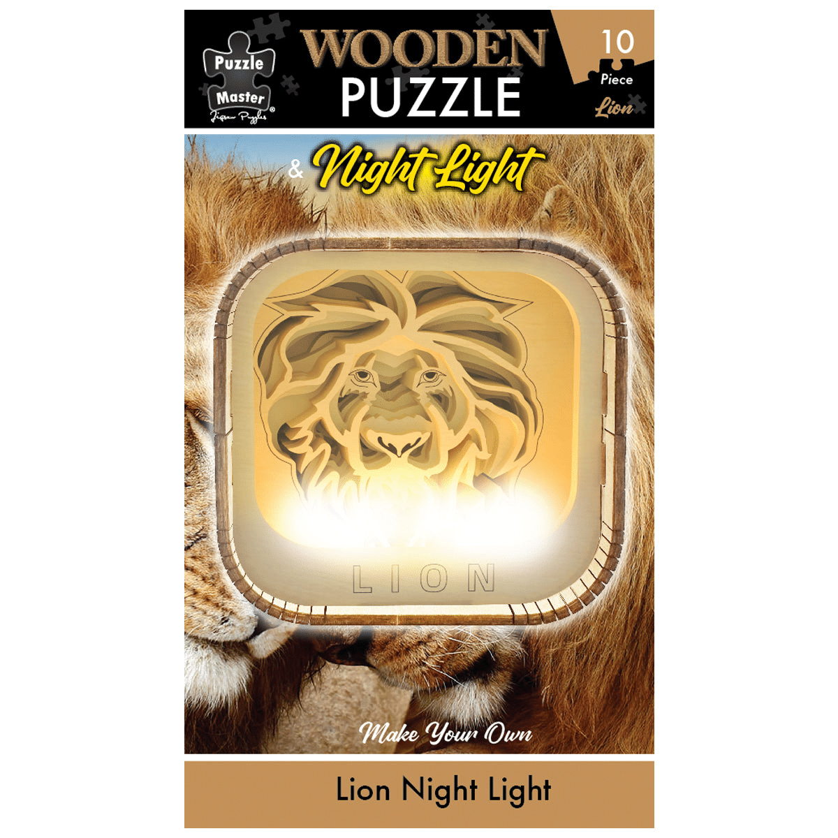Wooden lion night light puzzle with glowing lion face in a wooden square frame