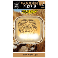 Wooden lion night light puzzle with glowing lion face in a wooden square frame