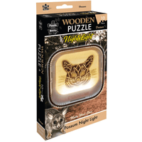 Wooden 10-piece puzzle night light with possum silhouette, packaged with glowing panel.