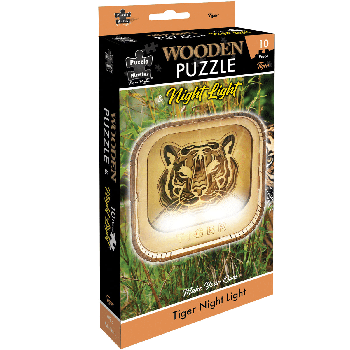 Tiger wooden puzzle night light on retail box, front showing tiger artwork and light