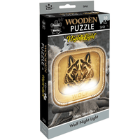 Wooden puzzle night light box with wolf artwork and “Wolf Night Light” text