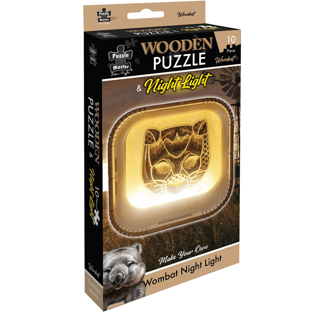 Wooden wombat night light puzzle kit on retail package, with glowing puzzle design