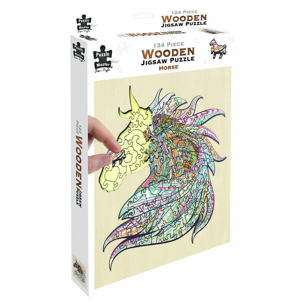 Wooden horse jigsaw puzzle in box, 124 pieces, colorful mane