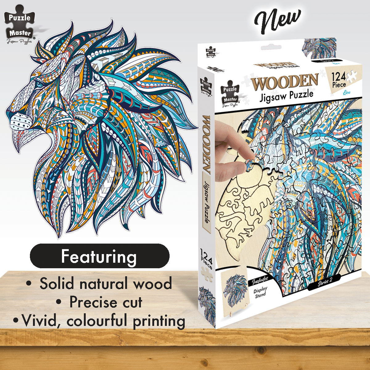 Wooden lion jigsaw puzzle and 124-piece box with colorful winged lion artwork