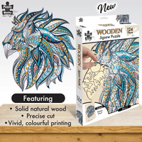 Wooden lion jigsaw puzzle and 124-piece box with colorful winged lion artwork