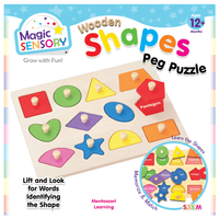 Wooden peg shape puzzle with colorful wooden shapes on a light base board