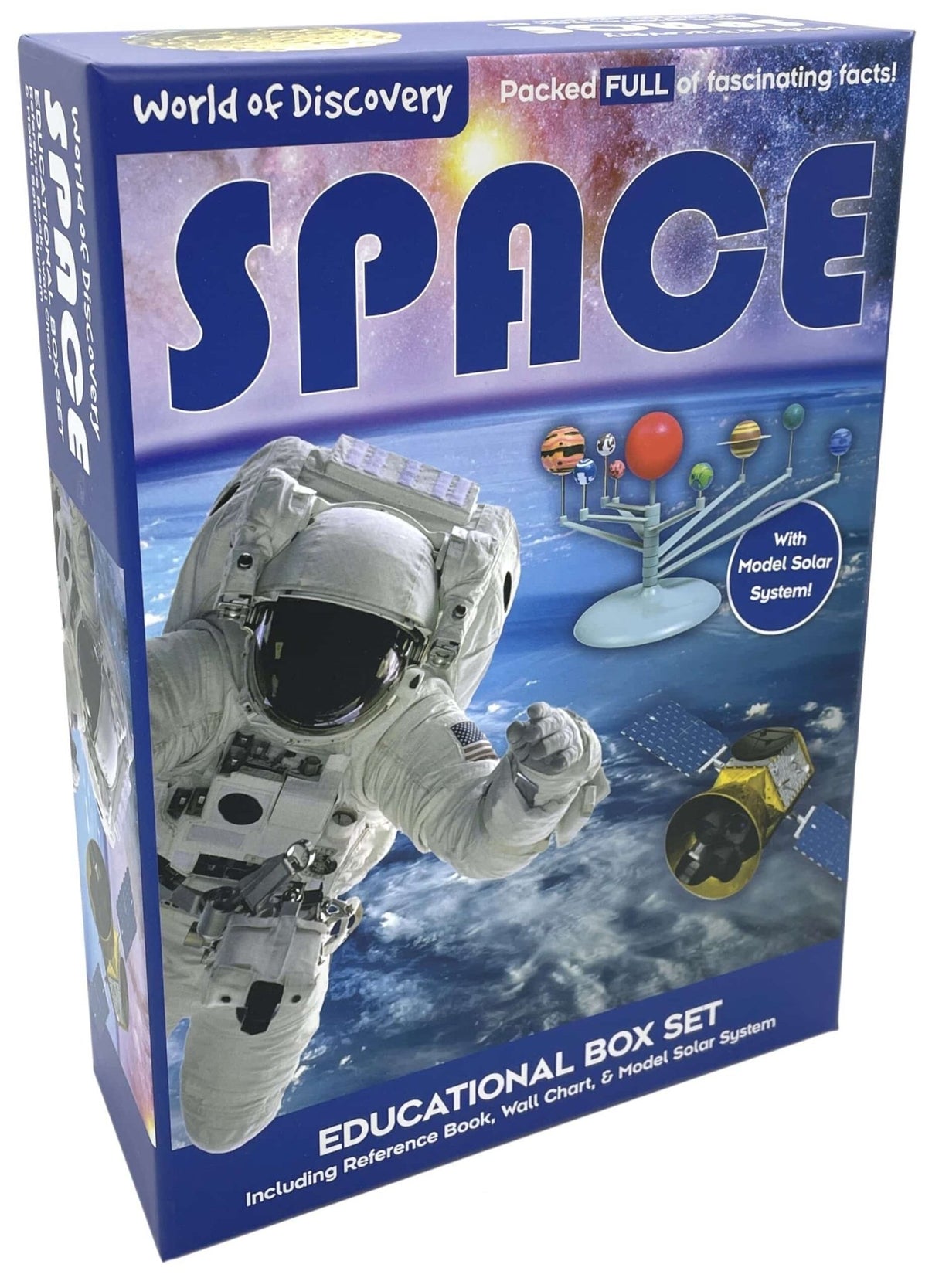 Space educational box set with model solar system, reference book, and wall chart