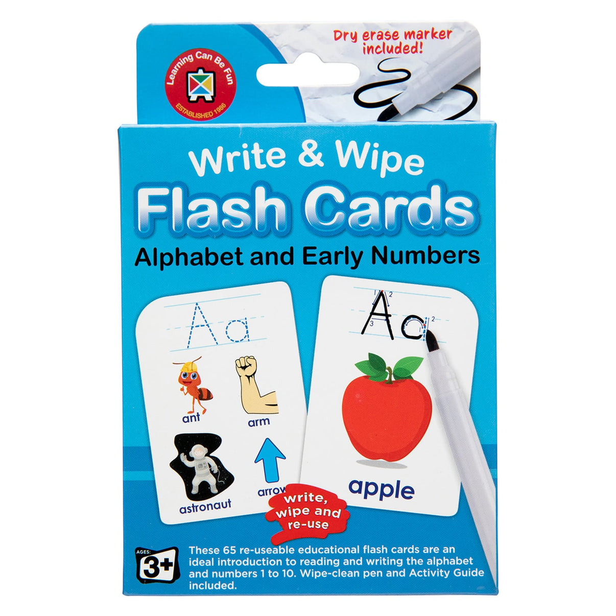 Write-and-wipe alphabet flash cards box with early numbers; includes dry erase marker