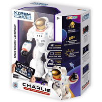 Astronaut robot toy in retail box, white space suit with gold helmet