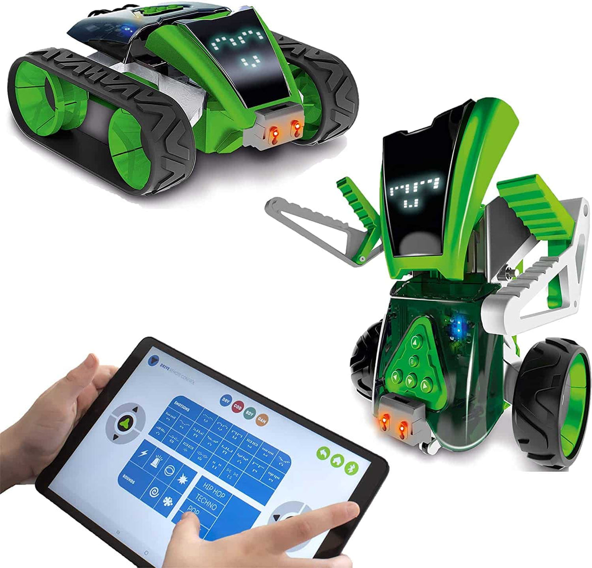 Green and black STEM robot toy with front display, orange lights, and two wheels