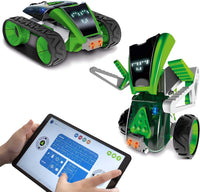 Green and black STEM robot toy with front display, orange lights, and two wheels
