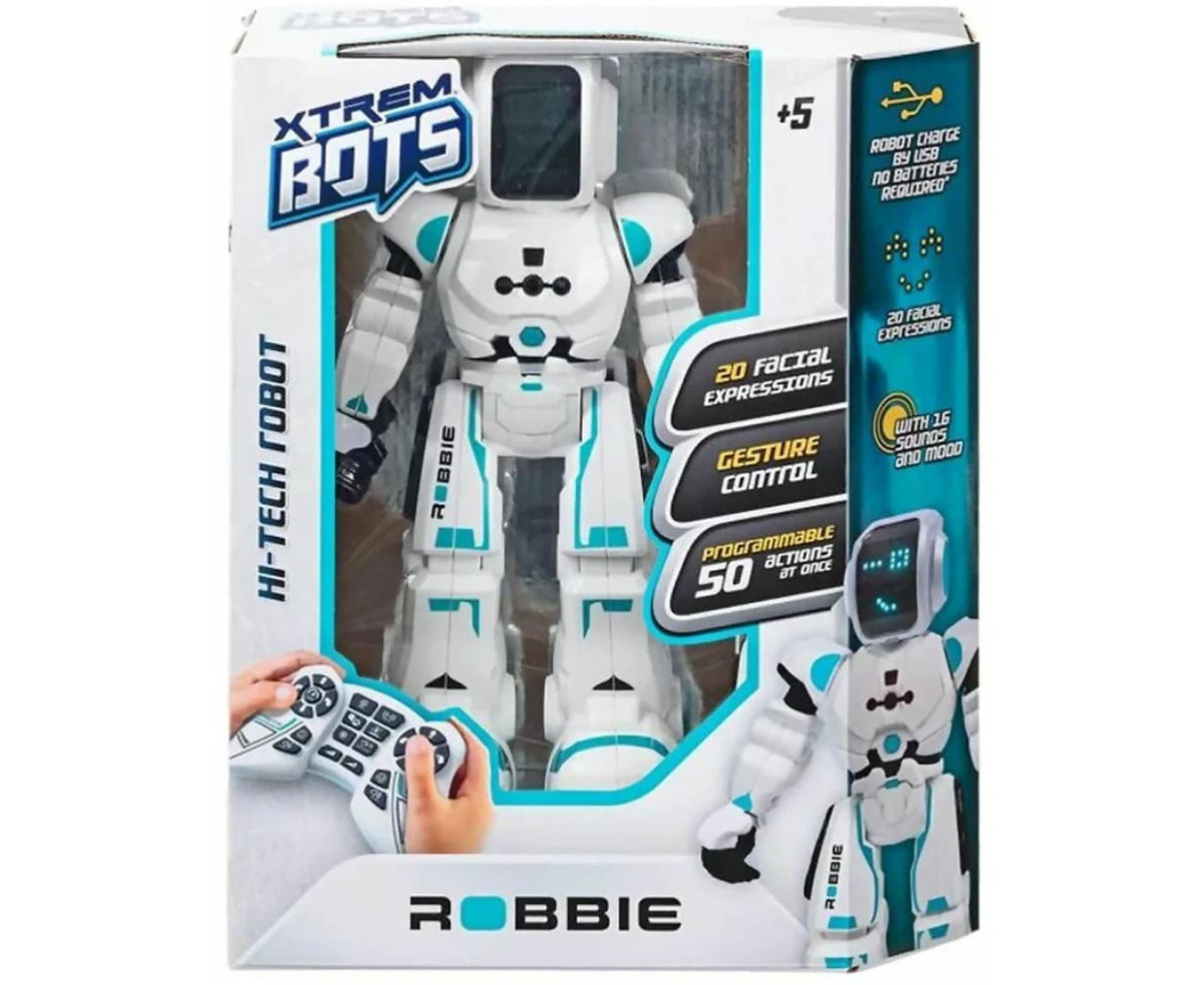 White and teal robot toy with chest screen, shown in retail packaging
