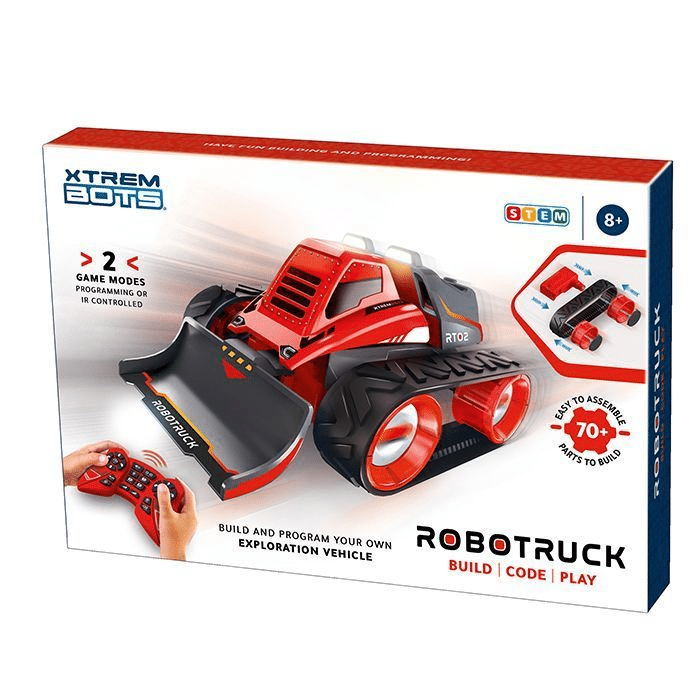 Robot truck toy in red and black on retail box