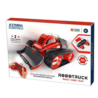Robot truck toy in red and black on retail box