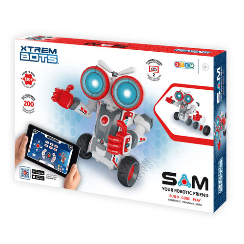 STEM robotic toy robot set in retail box, gray body with dual blue speaker heads