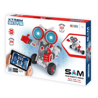 STEM robotic toy robot set in retail box, gray body with dual blue speaker heads