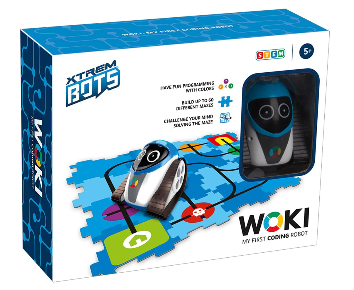 STEM coding robot toy in retail box, blue-and-white body with camera eye