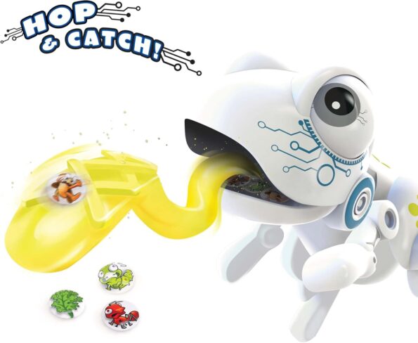 White and blue robo frog toy with yellow launcher and large black eye