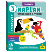 Year 3 NAPLAN style workbook and tests cover with cartoon birds and stickers