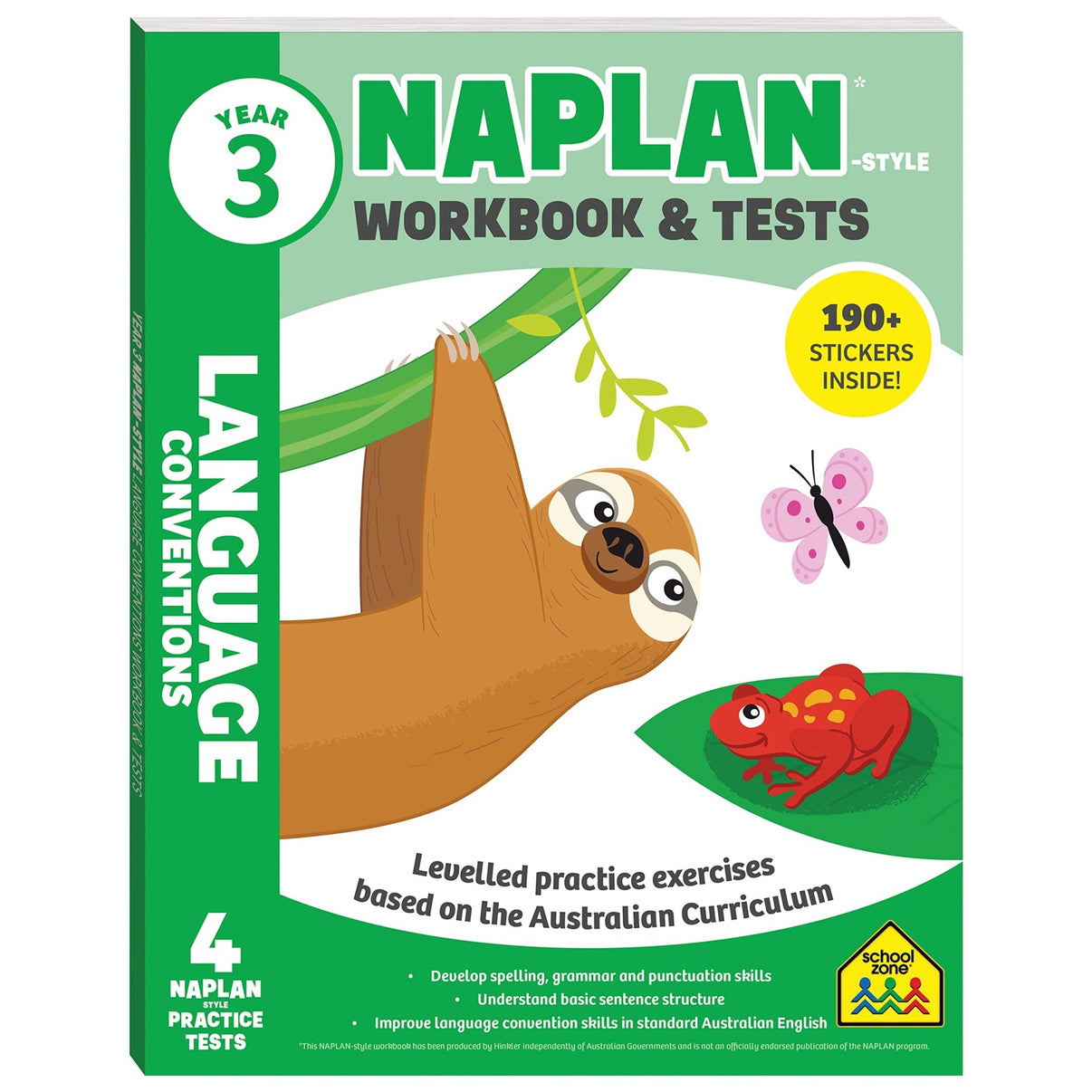 Year 3 NAPLAN-style language workbook cover with tests and 190+ stickers