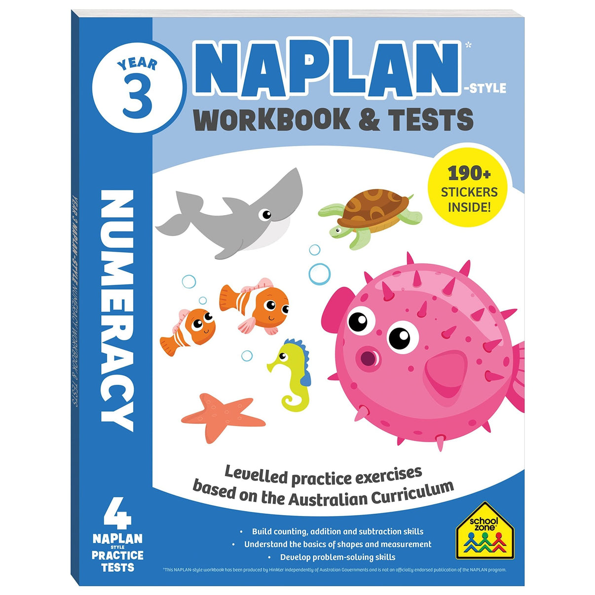 Year 3 NAPLAN-style numeracy workbook and tests cover with cartoon sea animals