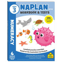 Year 3 NAPLAN-style numeracy workbook and tests cover with cartoon sea animals