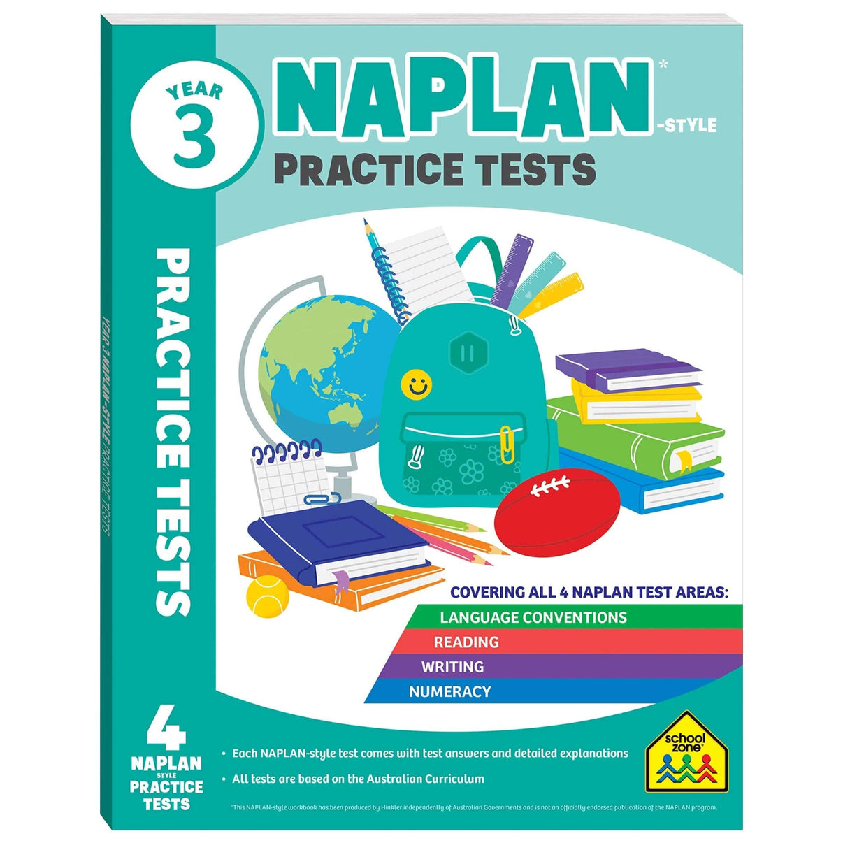 Year 3 NAPLAN-style practice tests book cover with subjects and tasks shown