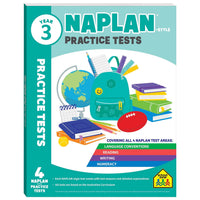 Year 3 NAPLAN-style practice tests book cover with subjects and tasks shown