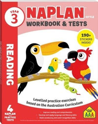 Year 3 NAPLAN-style reading workbook cover with birds and READING title