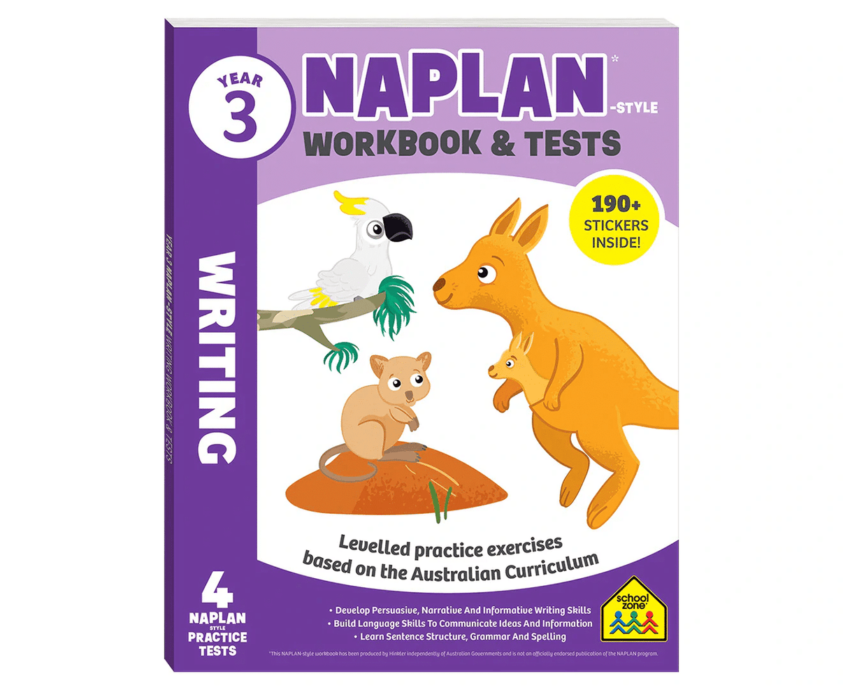 Year 3 NAPLAN-style writing workbook cover with kangaroo, koala, and sticker badge