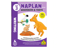 Year 3 NAPLAN-style writing workbook cover with kangaroo, koala, and sticker badge