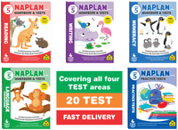 Year 5 NAPLAN workbook and tests set collage showing four subject covers